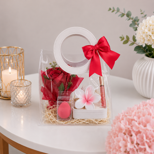 Rose Beauty Clear Gift Box with Lip Gloss and Sponge
