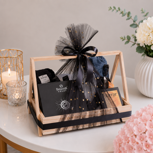 Men's Luxury Wooden Arch Tray with Watch Denim and Perfume