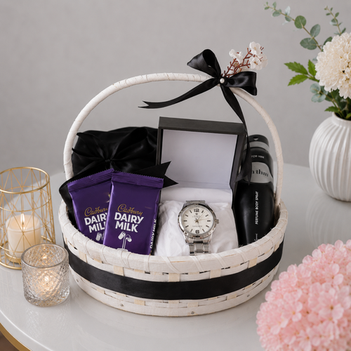 Men's Watch Perfume and Chocolate Wicker Gift Basket