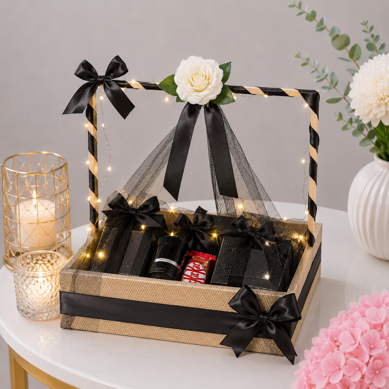 Premium Black Gold LED Gift Tray with Perfume and Chocolates
