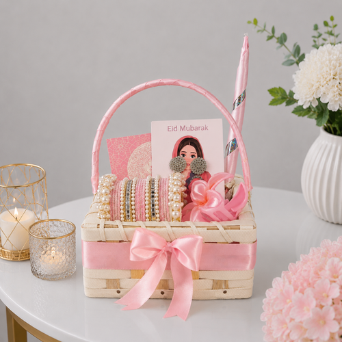 Pink Eid Mubarak Bangle Wicker Accessories Basket