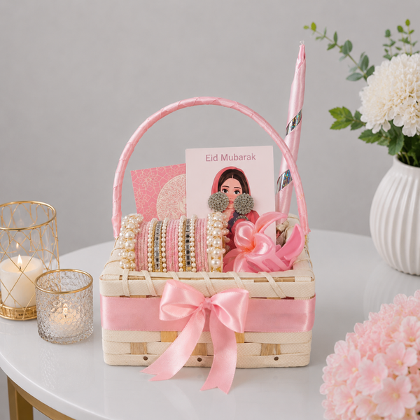 Pink Eid Mubarak Bangle Wicker Accessories Basket