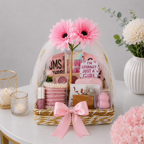 Premium Pink Beauty Accessories Gift Basket for Her