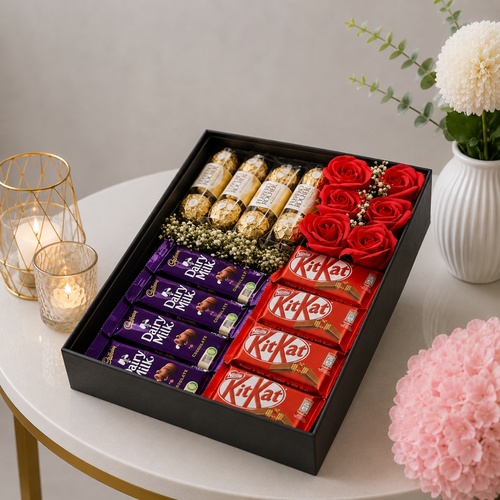Roses and Chocolates Gift Box Dairy Milk KitKat and Frerrero Rocher
