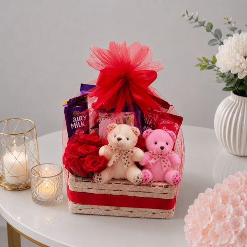 Heart Basket Teddy Bears Red Roses and Chocolate