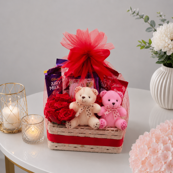 Heart Basket Teddy Bears Red Roses and Chocolate