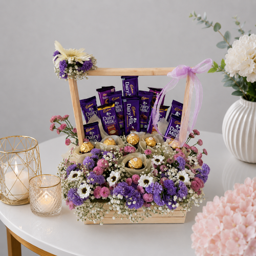 Cadbury and Ferrero Rocher Floral Wooden Basket