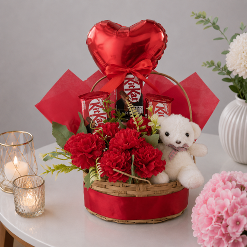 Romantic Red Flower Basket with Teddy Bear Balloon