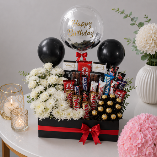 Birthday Chocolate Box with Flowers and Celebration Balloon