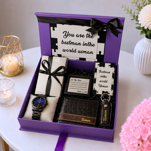 Personalised Men's Gift Box with Watch Wallet Keychain and Perfume