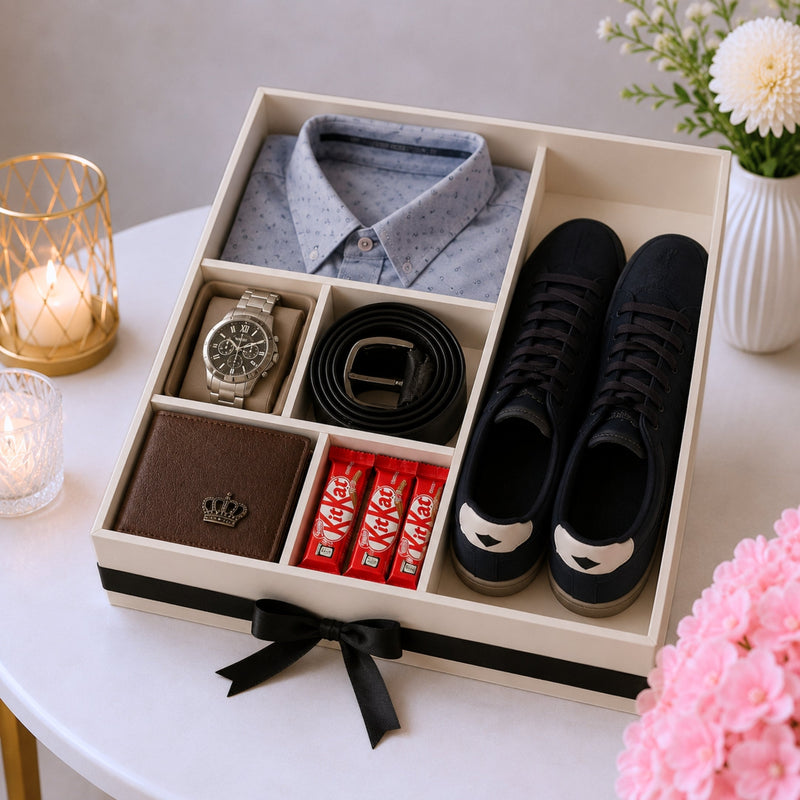 Men's Birthday Lifestyle Gift Hamper with Watch Shirt Belt Wallet and Sneakers