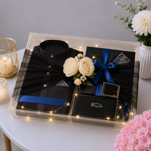 Men's Eid Luxury Gift Set with Embroidered Kurta Lacoste Fragrance and Accessories