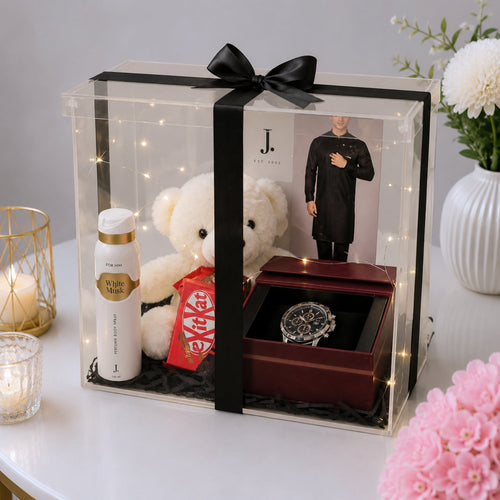 Men's Eid Gift Box with J. Wear White J. Body Spray Watch Chocolate and Teddy Bear