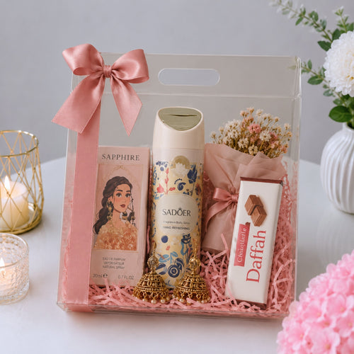 Sapphire Perfume and Gold Jhumka Earrings Accessory Gift Box with Chocolate