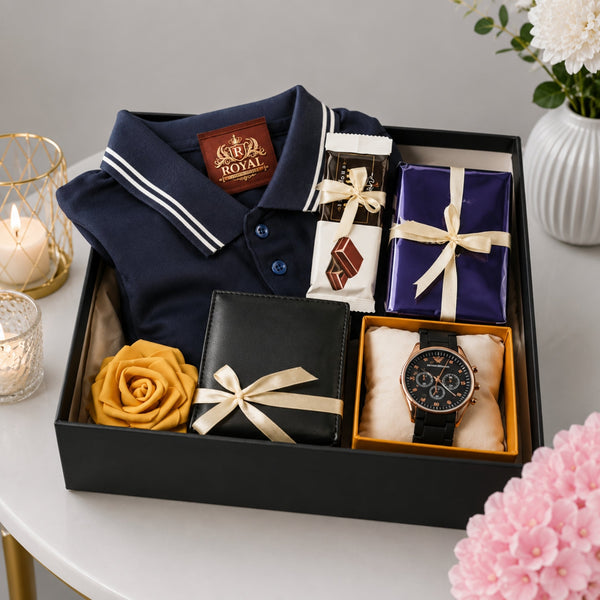 Men's Birthday Gift Box with Navy Polo Shirt Watch and Wallet
