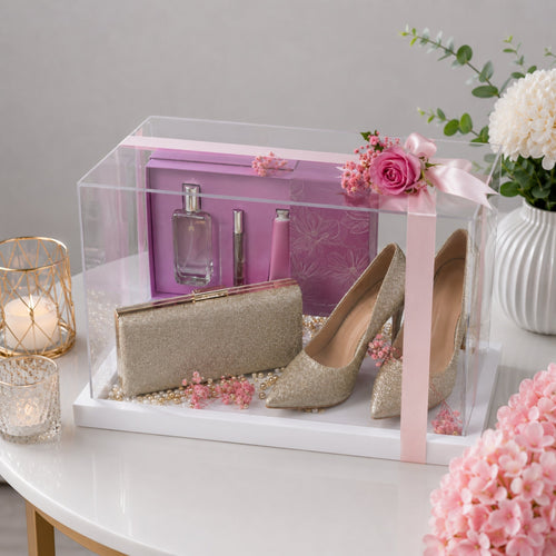 Gold Glitter Heels and Clutch Gift Box with Perfume Set and Pearl Beads