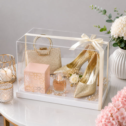 Gold Glitter Heels and Ring Handle Clutch Luxury Gift Box with Perfume and White Rose
