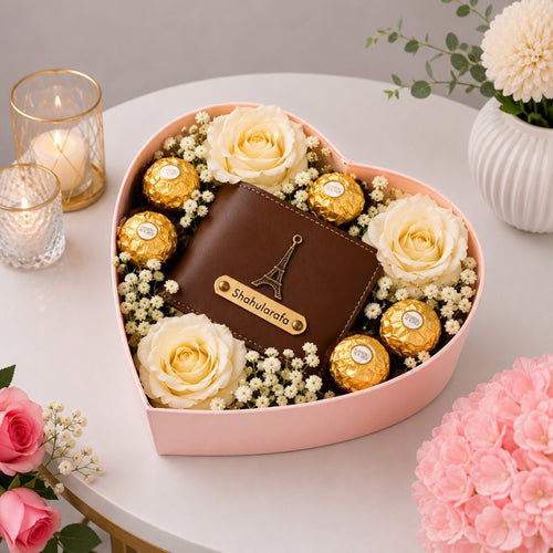 Personalised Leather Wallet Heart Box with Cream Roses and Ferrero Rocher