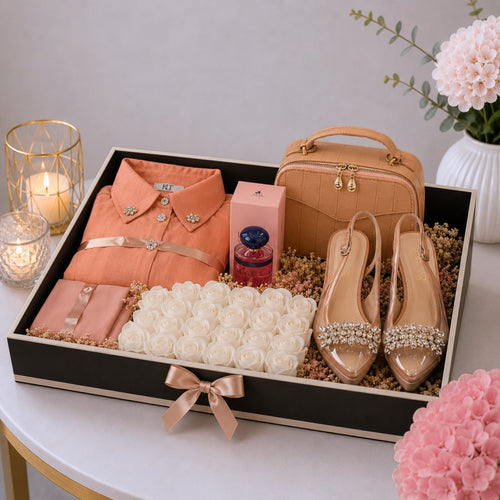 Ladies Fashion Hamper with Linen Shirt scarf Crystal Heels Handbag White Roses and Perfume
