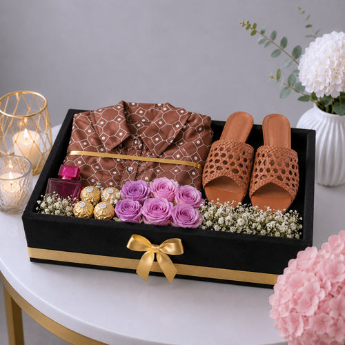 Ladies Fashion Gift Tray with Printed Silk Shirt Sandals Perfume Purple Roses and Ferrero Rocher