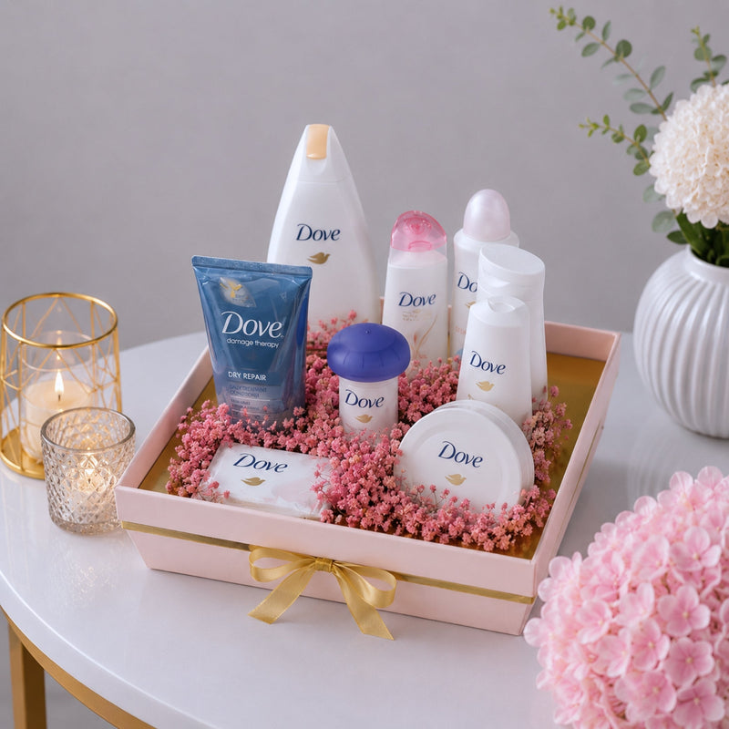 Dove Skincare Complete Gift Set with Shampoo Conditioner Body Wash and Skincare Tray