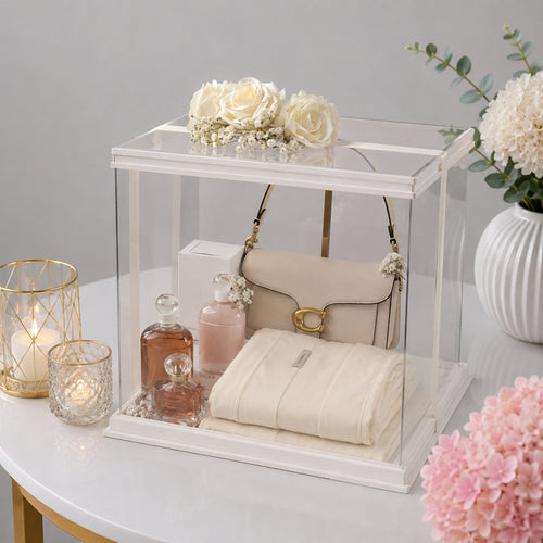 Luxury Cream Handbag and Perfumes Lotion Gift Box with White Roses and Sapphire dress