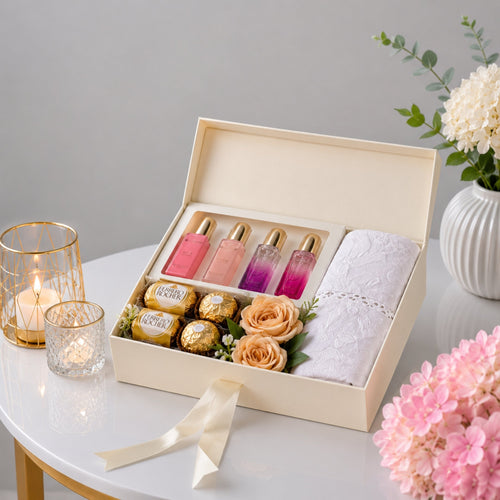 Body Mist Set with Ferrero Rocher Towel and Peach Roses Pamper Gift Box