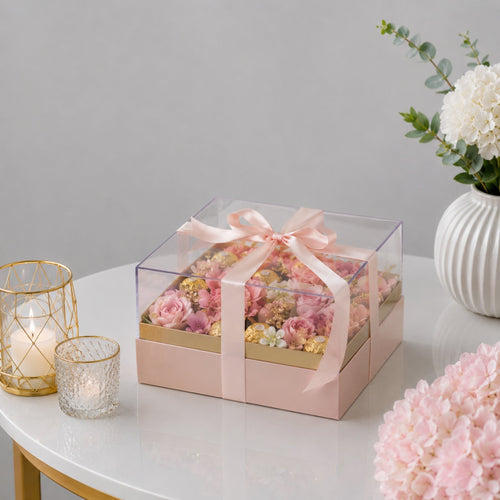 Pink Rose and Ferrero Rocher Clear Flower Box with Stephanotis