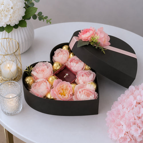 Engagement Proposal Black Heart Box with Pink Peonies Chocolates and Ring