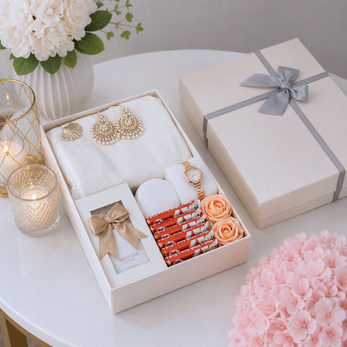 Ladies White Shawl and Gold color Jewellery Gift Box with Watch KitKat and Oud Perfume