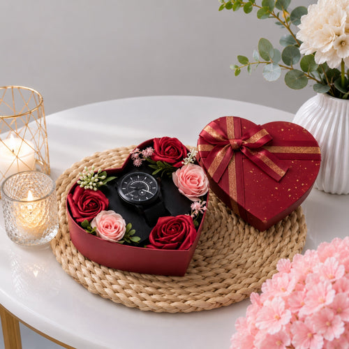Men's Watch Red and Pink Rose Heart Gift Box with Gold Glitter Lid