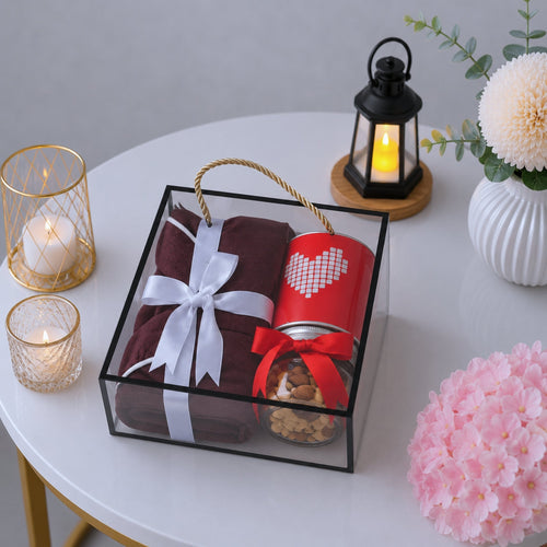 Cozy Gift Set with Burgundy Shawl and Pixel Heart Mixed Nuts Tins