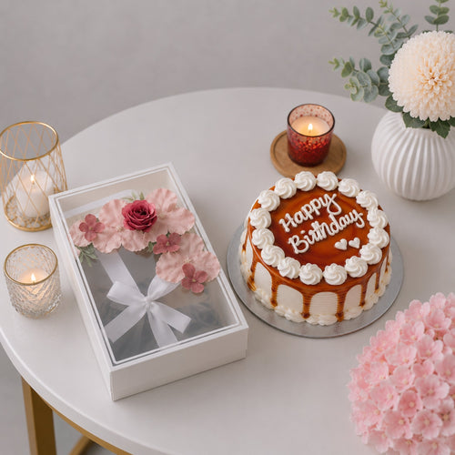 Birthday Caramel Drip Cake with Pink Hydrangea Flower Box Watch and Wallet