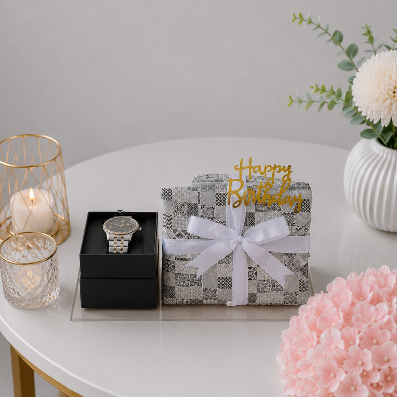 Men's Birthday Watch and Wrapped Gift Set with Happy Birthday Sign