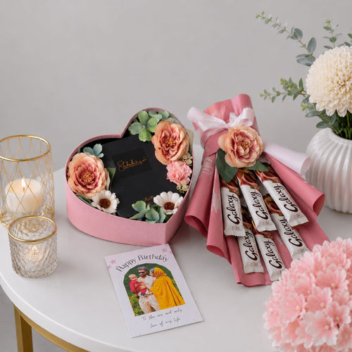 Birthday Gift Set with Personalised Wallet Peony Heart Box and Galaxy Chocolate Bouquet