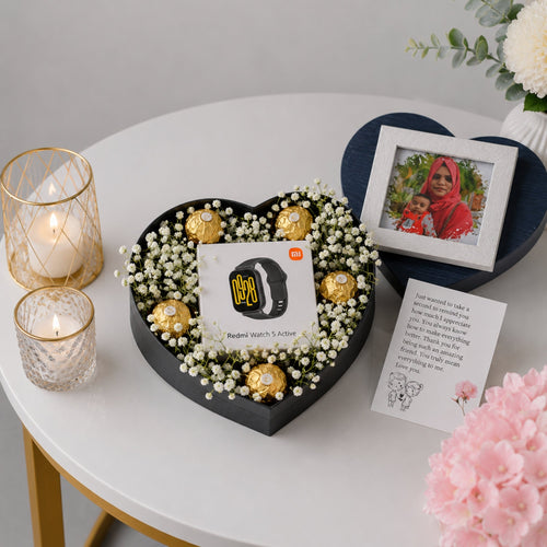 Redmi Smartwatch Heart Box Gift Set with Ferrero Rocher and Personalised Photo Frame