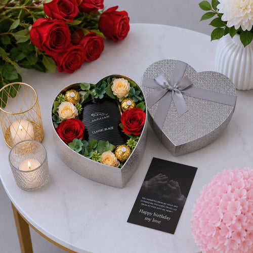 Men's Birthday Heart Box with Jaguar Classic Black Cologne Roses and Ferrero Rocher