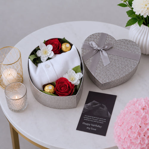 Men's Birthday Heart Box with White Kurta Roses and Ferrero Rocher