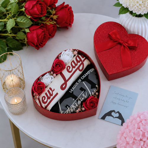 Couple Anniversary Heart Box with couple Outfits Roses and Anniversary Card