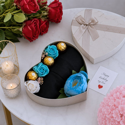 Blue and White Rose Birthday Heart Box with Black Shawl Blue Peonies and Ferrero Rocher
