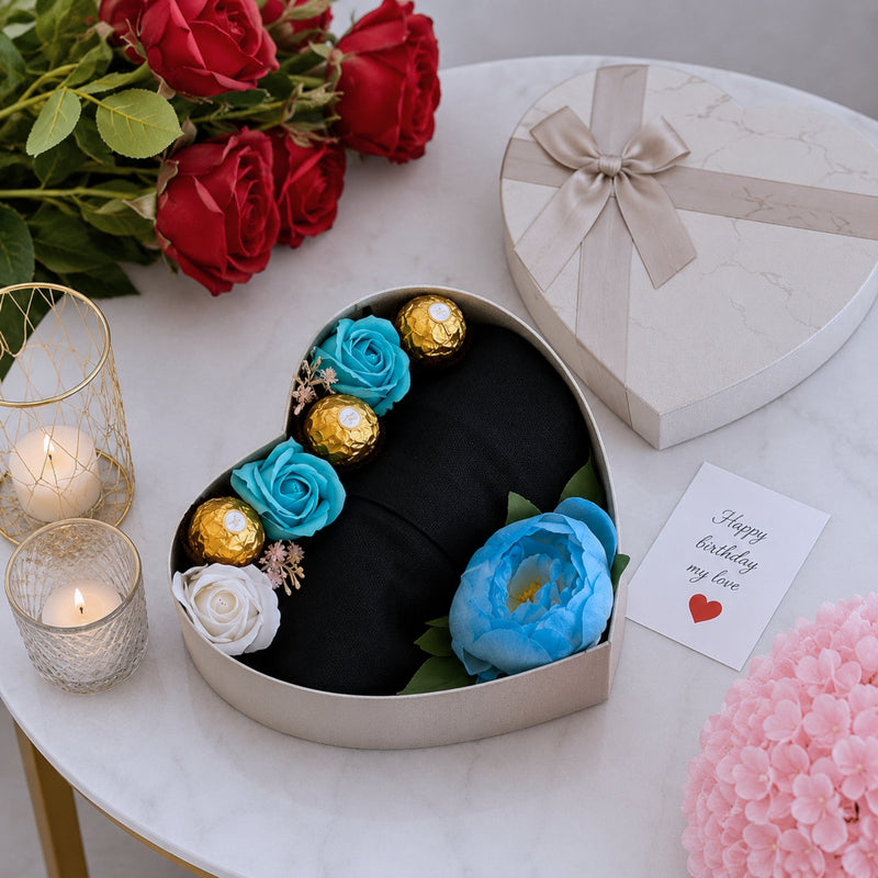 Blue and White Rose Birthday Heart Box with Black Shawl Blue Peonies and Ferrero Rocher