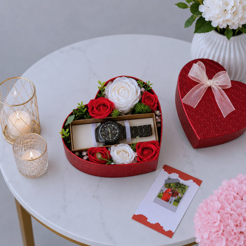 Men's Watch Heart Box with Red and White Roses Succulents and Couple Photo