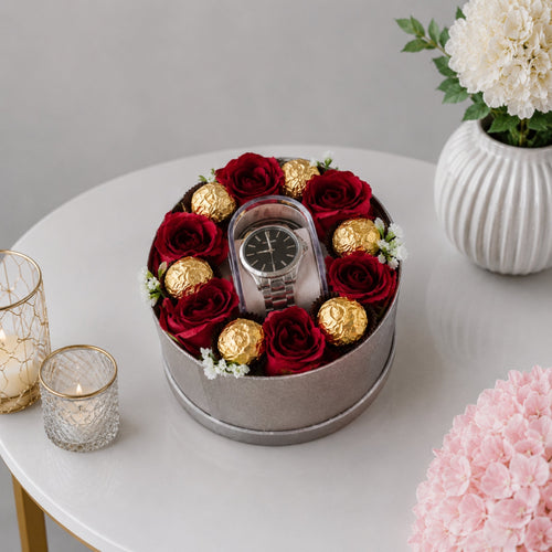 Men's Watch Round Rose Box with Red Roses and Ferrero Rocher in beautiful box