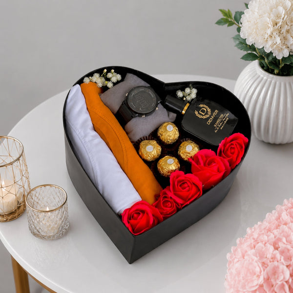 Men's Heart Gift Box with Watch Denver Perfume Zellbury T-Shirts Ferrero Rocher and Red Roses