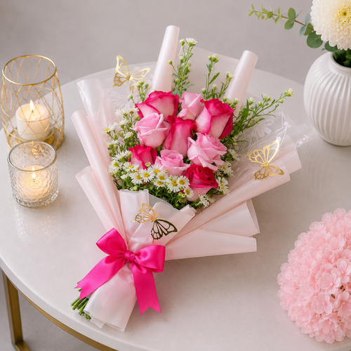Pink Rose and White Daisy Premium Flower Bouquet