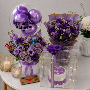 Purple Birthday Gift Set with Flower Box Balloon Bouquet and Personalised Cake