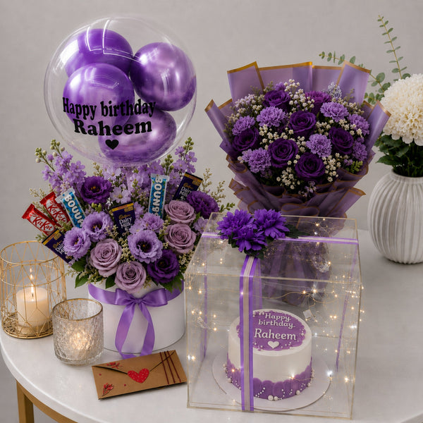 Purple Birthday Gift Set with Flower Box Balloon Bouquet and Personalised Cake