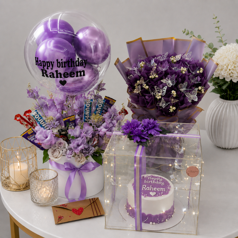 Purple Birthday Balloon Box Bouquet and Cake Set