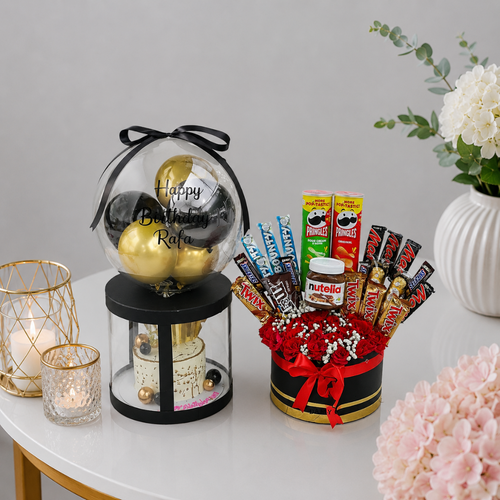 Premium Snacks and Roses Black Round Gift Box
