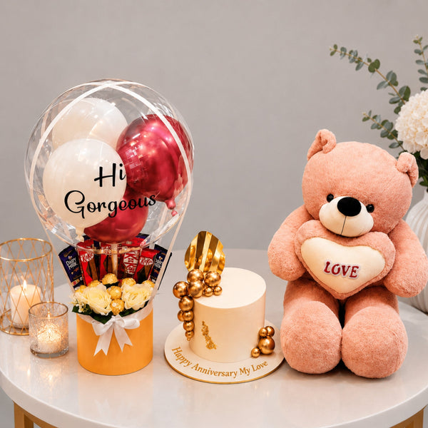 Hi Gorgeous Anniversary Gift Set with Bobo Balloon Chocolate Flower Box Cake and Teddy Bear